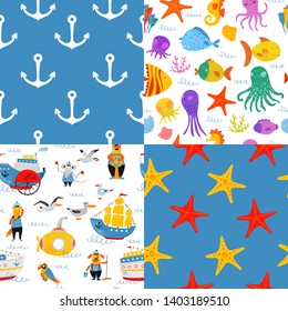 Set of seamless nautical vector patterns. Cute funny animals - sailors and sea ships. Hand drawn kids illustration. Cartoon flat fish, water plant and sea animals. Marine background. Pencil drawing.