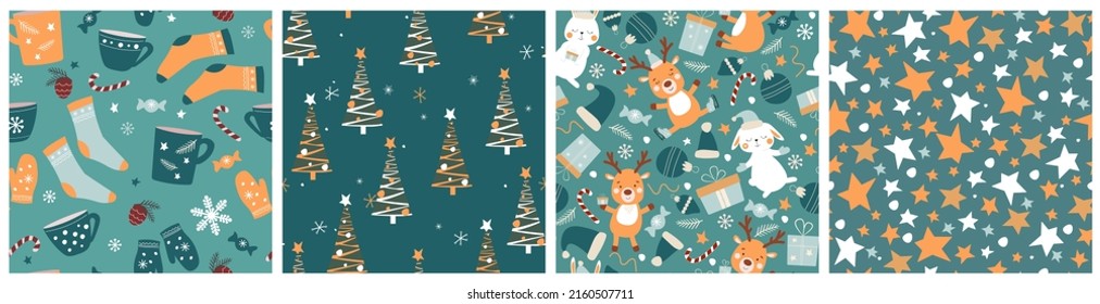 A set of seamless New Year patterns. Print with Christmas trees, deer, rabbits, gifts, snowflakes, stars. Vector graphics.