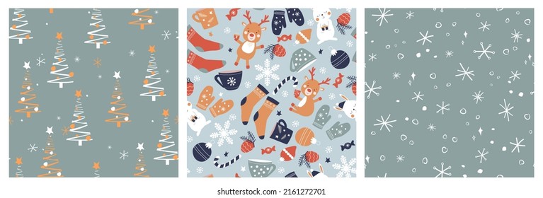A set of seamless New Year patterns. Print with Christmas trees, deer, rabbits, gifts, snowflakes, stars. Vector graphics.