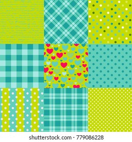 Set of seamless New Year patterns: polka dot, scottish plaid, hearts and other.