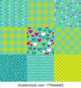 Set of seamless New Year patterns: polka dot, scottish plaid, hearts and other.