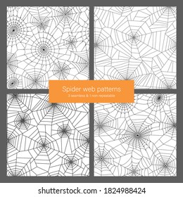 Set with seamless and non repeatable pattern with spider web. Halloween decoration with cobweb. Spiderweb flat vector illustration. Isolated graphic. Horror, fear, creepy cartoon art concept.