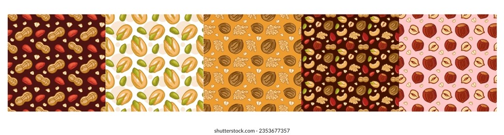 a set of seamless nuts patterns. The patterns are suitable for packaging, decorative paper, textiles. Vector illustration