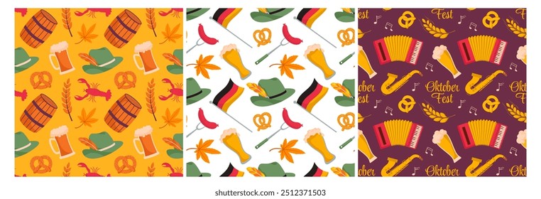 Conjunto de Padrão de Celebração sem Costura Oktoberfest com Cerveja, Enchidos e Pretzels em Ilustrações de Desenho Animado de Estilo Plano