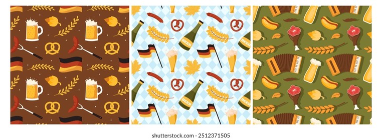 Set of Seamless Oktoberfest Celebration Pattern with Beer, Sausages, and Pretzels in Flat Style Cartoon Illustrations