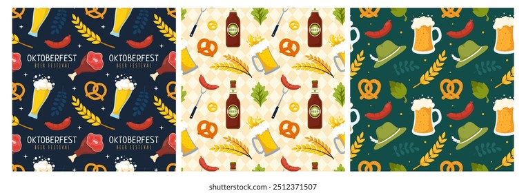 Set of Seamless Oktoberfest Celebration Pattern with Beer, Sausages, and Pretzels in Flat Style Cartoon Illustrations