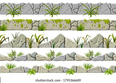 Set of seamless old gray border with grass, leaves and moss. Vector stone sidewalks for computer games isolated on white background.