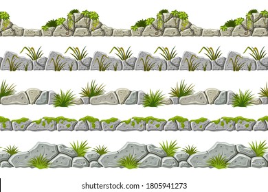 Set of seamless old gray border with liana branches, grass, leaves and moss. Vector stone sidewalks for computer games isolated on white background.