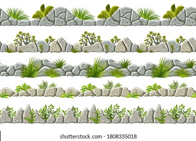 Set of seamless old gray border with grass, leaves and moss. Vector stone sidewalks for computer games isolated on white background.