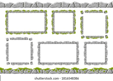 Set of seamless old gray rock border and frames with moss. Vector stone sidewalks for computer games isolated on white background.