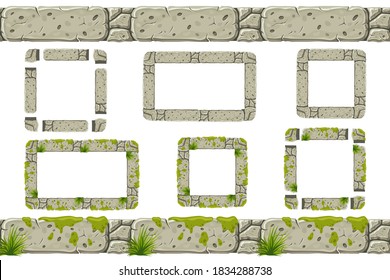 Set of seamless old gray rock border and frames with moss. Vector stone sidewalks for computer games isolated on white background.