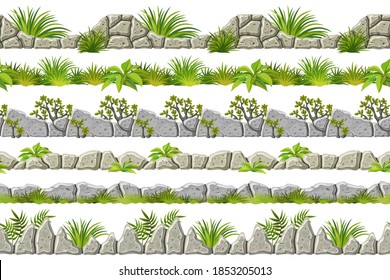 Set of seamless old gray rock and grass borders. Vector stones with leaves for computer games isolated on white background.