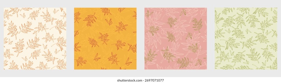 Set of seamless olive branch patterns in hand drawn Italian retro kitchen minimal style