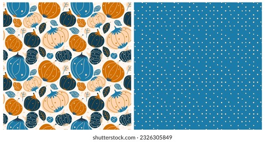 Eine Reihe nahtloser orangefarbener und blauer Kürbis und Punktmuster. Herbstvektormuster mit Kürbissen und Blättern für den Stoffdruck oder die Verpackung.