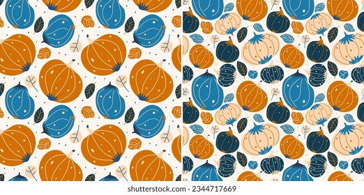 Un conjunto de calabazas sin fisuras de color naranja y azul. Patrón vectorial de caída con calabazas y hojas para la impresión o el embalaje textil.	