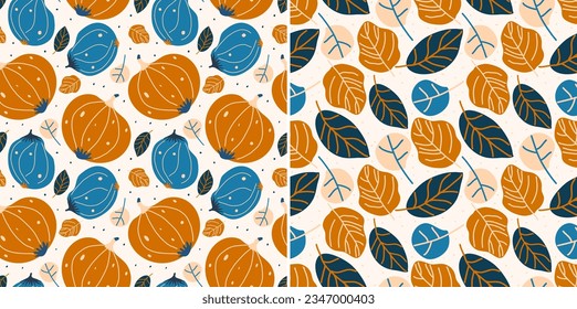 Set of seamless orange and blue pumpkins and pattern with leaves. Autumn vector template with pumpkins and leaves for printing on textiles or packaging.