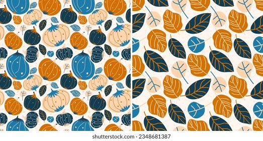 A set of seamless orange and blue pumpkins and leaves patterns. Autumn vector pattern with pumpkins and leaves for textile print or packaging.	