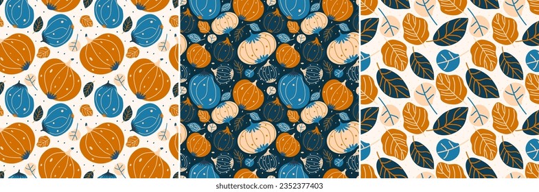 Set of seamless orange and blue pumpkins and pattern with leaves. Autumn vector template with pumpkins and leaves for printing on textiles or packaging.