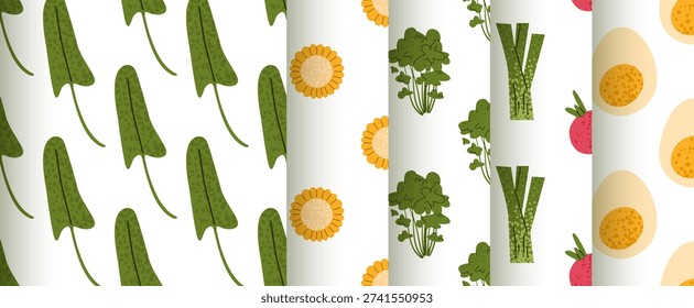 Set of seamless organic food patterns featuring leafy greens, flowers, leek, radish and eggs. Fresh farm surface design collection for packaging and textile.