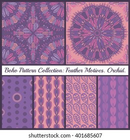 Set of seamless oriental ornamental pattern. Hand drawn mandala texture with dots. Vector decorative background with floral and geometric ornament. Boho festival style. Ethnic style: arabic or indian.