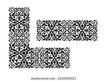 Conjunto de patrones de ornamentos sin fisuras en los bordes esquinales de los marcos. Ilustración vectorial.