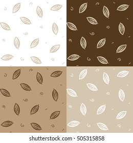 Set of seamless ornamental with cacao beans. Original elegant cocoa pattern. Pattern with cacao fruits. Vector cacao background.