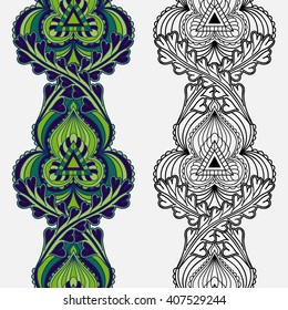 Set of seamless ornamental ethnic floral vertical stripes. Vector illustration.