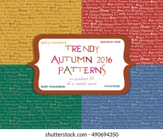 Set of seamless ornamental patterns with writing of word Autumn in different languages in four trendy autumn 2016 colors. Vector illustration