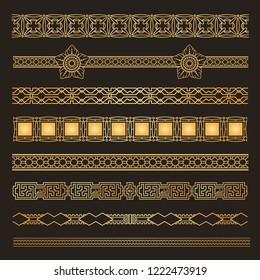 Set  Seamless ornamental tracery. Geometric line tracery, rhombus, squares, seamless background. Vector illustration.