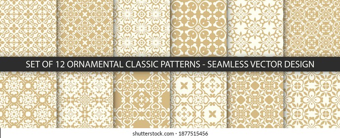 Set of seamless ornamental vintage patterns. Vectore tile textures in gold colors.