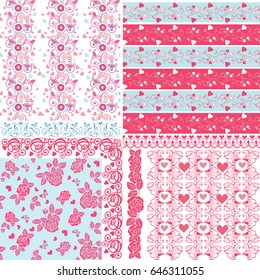 Set of seamless ornaments with hearts and frames.Endless texture with hearts in pink, blue and white.  For invitations, scrapbooking, cards, posters.