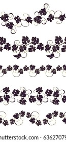 Set of seamless ornaments with vines of grapes. Boarders with vines for backgrounds, print, textiles, labels.
