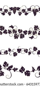 Set of seamless ornaments with vines of grapes. Boarders with vines for backgrounds, print, textiles, labels.