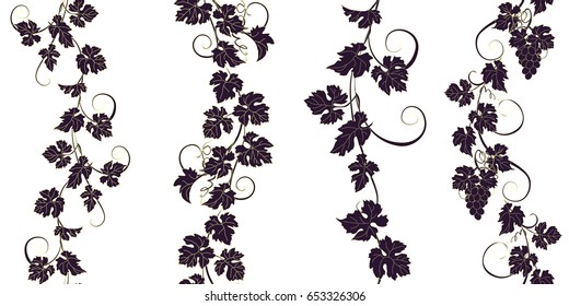 Set of seamless ornaments with vines of grapes. Boarders with vines for backgrounds, print, textiles, labels.