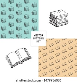 Set of Seamless outline book pattern and items isolated on white background. Vector monochrome texture. Vector seamless texture. Books Doodle. Hand-drawn. Drawing a line. Design for packaging, textile