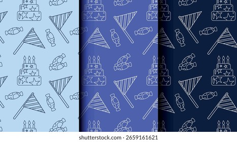 Set von nahtlosen Umrissmustern für Geburtstags- und Partythemen in blauem Monochrom. Perfekt zum Verpacken von Papier, Einladungen, Karten und festlichen Verpackungen