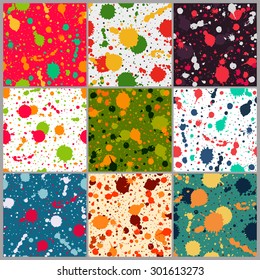 Set of seamless paint splatter patterns. Grunge spotted backgrounds with paint blobs. Collection of seamless paint splashes backdrops. Colorful repetitive textile pattern collection. EPS10.
