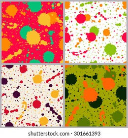 Set of seamless paint splatter patterns. Grunge spotted backgrounds with paint blobs. Collection of seamless paint splashes backdrops. Colorful repetitive textile pattern collection. EPS10.