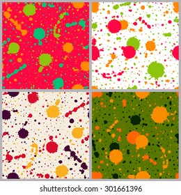 Set of seamless paint splatter patterns. Grunge spotted backgrounds with paint blobs. Collection of seamless paint splashes backdrops. Colorful repetitive textile pattern collection. EPS10.