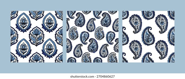 Set aus nahtlosen Paisley- und Blumenmustern im orientalisch-blauen Stil