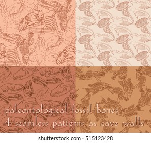 Set of seamless paleontology patterns with chaotic fossil bones in four variations in beige colors as ornament on cave walls. Vector illustration