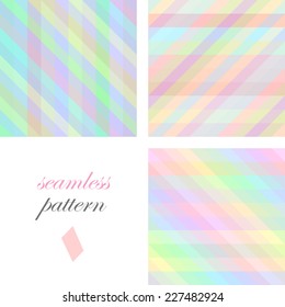 Set of seamless pastel  cute patterns of iridescent diagonal and vertical stripes of equal thickness for girls or children