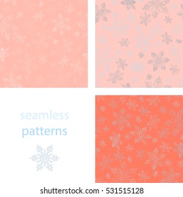 Set of seamless pastel patterns of blue  swirling in the air  snowflakes on a red background