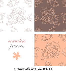 Set of seamless pastel patterns with a  hand-drawn cartoon flowers for summer and spring design