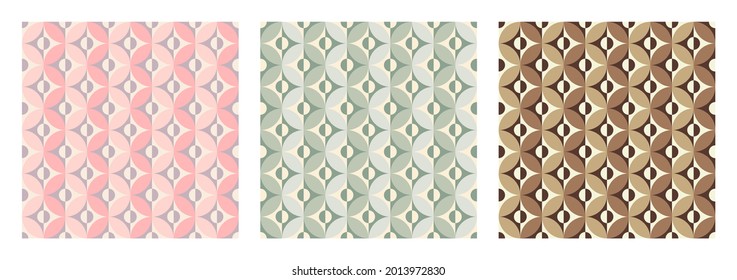 Set of seamless pattern with 3d color effect. Optical illusion art. Round segment in pastel pink,green,brown. For fabric,T-shirt,textile,wrapping cloth,silk carf,bandana or other decoration.