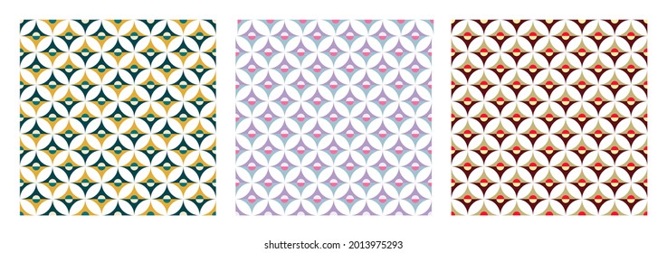 Set of seamless pattern with 3d color effect. Optical illusion art. Round segments in pastel colors-blue,green,brown,yellow. For fabric,T-shirt,textile,wrapping cloth,silk carf,bandana,