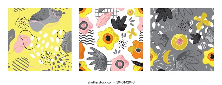 Set of seamless pattern with abstract decorative flowers, leafs, symbols, shapes, stripes, spots. Floral background in trendy yellow, gray colors. Wallpaper, wrapping paper. Cute vector illustration.