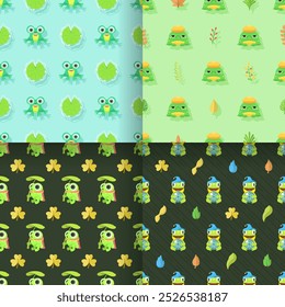 Set Seamless Pattern Abstract Elements Animal Frog Vector Design Style Background Illustration Texture For Prints Textiles, Clothing, Gift Wrap, Wallpaper, Pastel