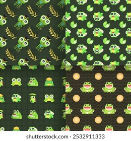 Set Seamless Pattern Abstract Elements Animal Frog Vector Design Style Background Illustration Texture For Prints Textiles, Clothing, Gift Wrap, Wallpaper, Pastel