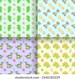 Set Seamless Pattern Abstract Elements Animal Dino Vector Design Style Background Illustration Texture For Prints Textiles, Clothing, Gift Wrap, Wallpaper, Pastel